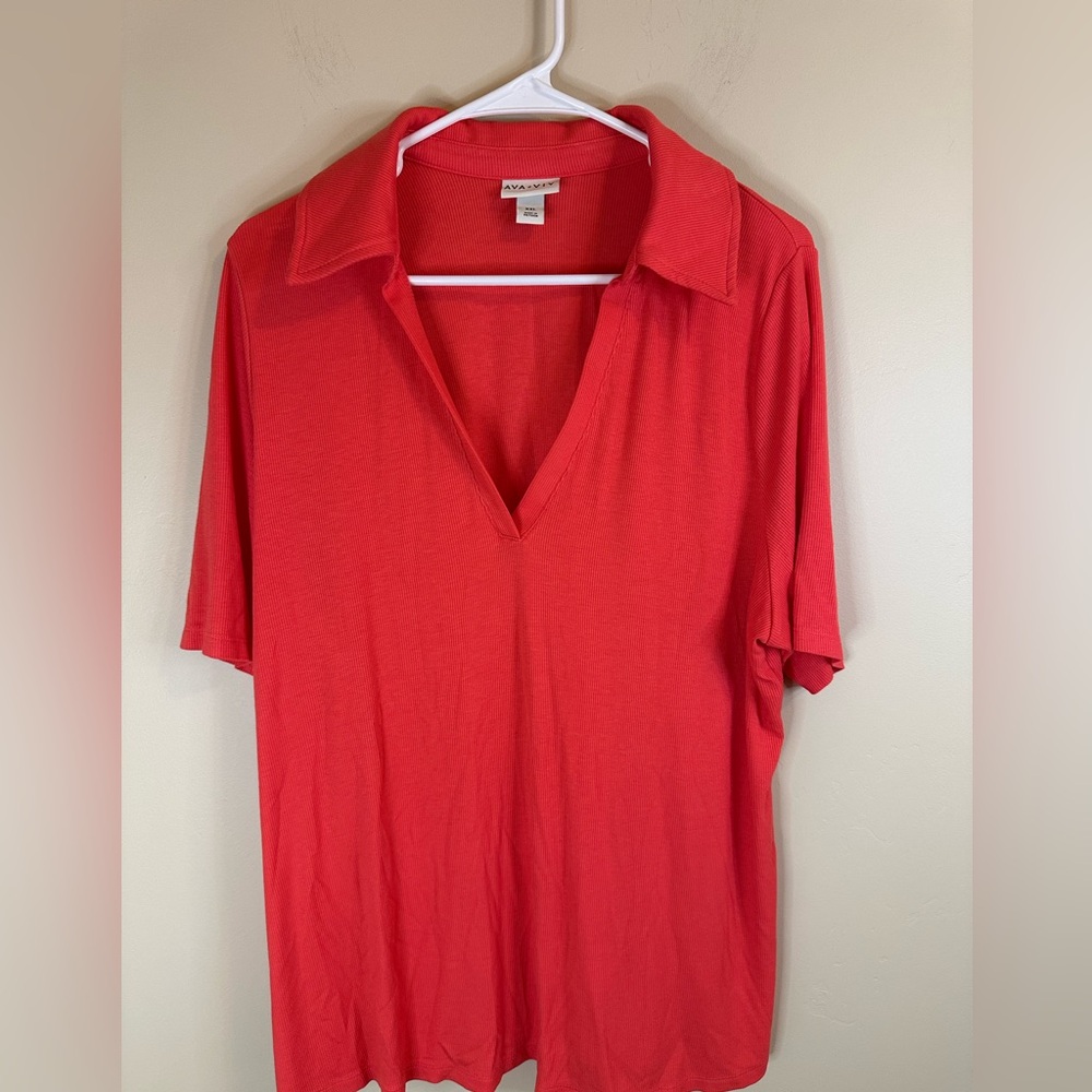 Red V-Neck Ribbed Polo Top